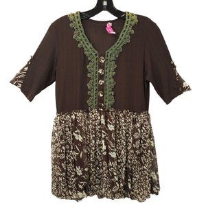 Pretty Angel Chocolate Floral Boho Tunic Top Womens L Crochet Trim Button Detail